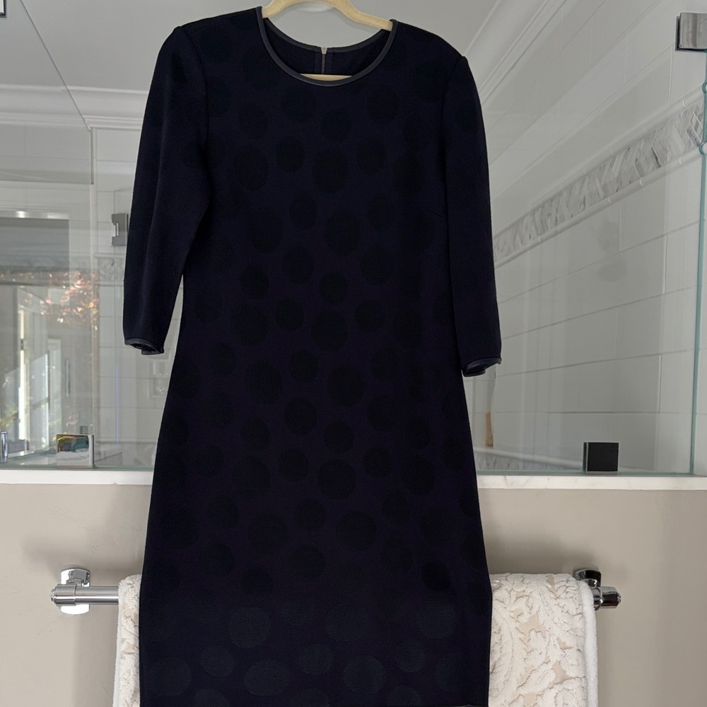 St. John Deep Blue with tonal polkadot Knit dress with leather trim